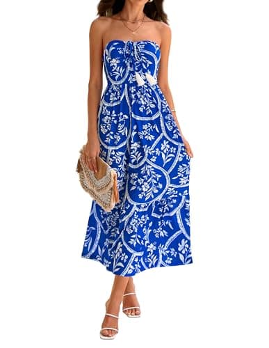 GRACE KARIN Summer Maxi Dresses for Women 2026 Floral Strapless Tube Top Boho Dress Flowy Beach Vacation Clothes with Pockets Blue 2XL - Image 1
