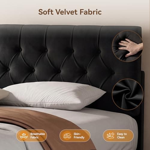 Vipbear Full Bed Frame, Velvet Fabric Upholstered Platform Bed with Button Tufted Headboard, Strong Wooden Slats Support, Noise Free, Easy Assembly, Adjustable Headboard, No Box Spring Needed, Black - Thumbnail 4