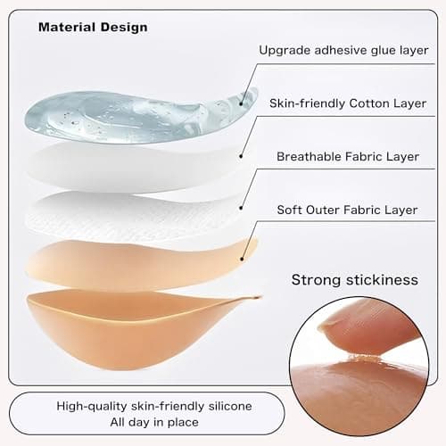 MITALOO Seamless Adhesive Bra Sticky Strapless Invisible Push up Bras Silicone Backless Nipple Cover for Women Beige - Thumbnail 5