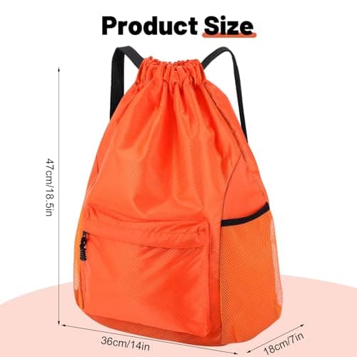 Dntorx Drawstring Backpack, Gym Bag with Water Bottle Pocket, Waterproof String Backpack for Soccer, Basketball, Swim for Women Men (Orange) - Thumbnail 2