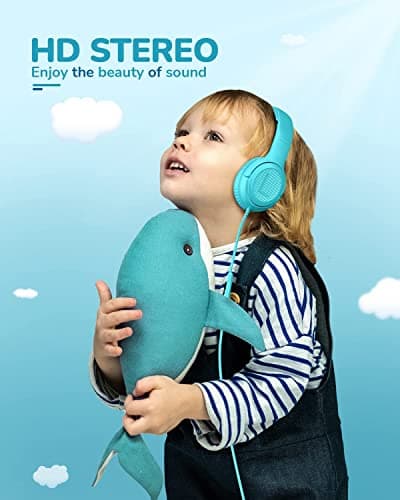 awatrue Kids Headphones for School Travel, 85/94dB Safe Volume Limit, 3.5mm Jack, HD Mic, Portable Wired Headphone with Shareport, Stereo Sound On-Ear Headphones for Toddler Kids Girls Boys Blue - Thumbnail 2