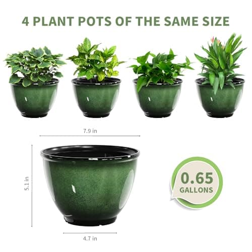 Vanslogreen 8 Inch Plastic Plant Pots, Set of 4 Flower Pots Planters with Drainage Hole, Glossy Smooth Finish Planter for Indoor Outdoor Succulent Snake Plants (Green) - Thumbnail 2