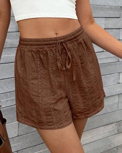 KIRUNDO Lace Shorts for Women Summer Cute Boho Eyelet Elastic Waist Drawstring Casual Lounge Shorts Beach Vacation Outfits(Brown, X-Large) - Thumbnail 5