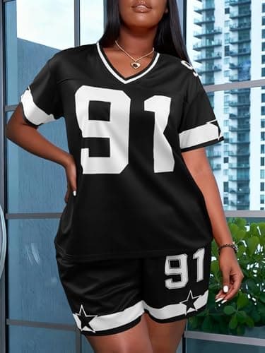 KIMSOONG Jersey Shirts for Women Shorts 2 Piece Sets Going Out Number Graphic V Neck Y2K Streetwear Tee and Short Pants Suits - Thumbnail 5