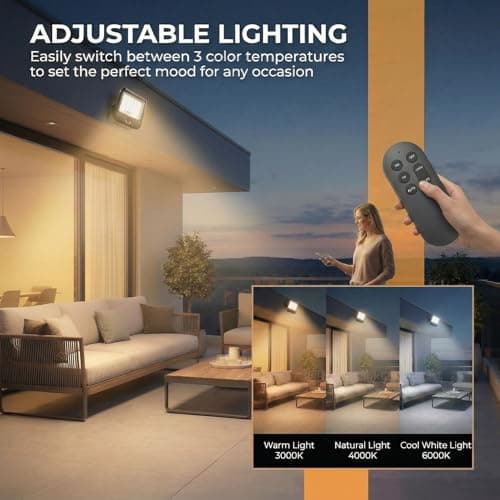 Bowite Solar Flood Light with Motion Sensor and Remote Control, 3 Color Temperature Adjustable, IP65 Waterproof, Outdoor Security Light for Yard, Patio, Garage - Thumbnail 4