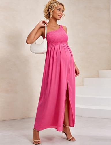 Cosygal Maternity One Shoulder Maxi Dress Smocked Bodice Side Slit Flowy Elegant Evening Gown for Baby Shower Wedding Pink - Thumbnail 5