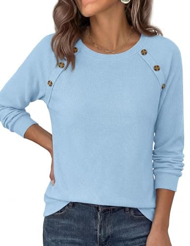 PRETTYGARDEN Fall Long Sleeve Waffle Knit Shirts for Women, Light Blue,L - Thumbnail 3