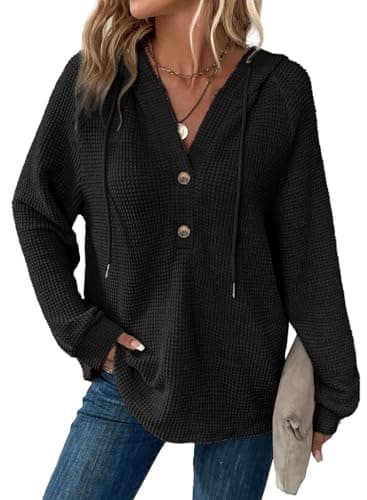 BLENCOT Waffle Knit Tops for Women Hoodies Long Sleeve Drawstring Button V Neck Casual Pullover Sweatshirt Hooded Tops Trendy Fall Outfits for Women 2025 Black L - Image 1