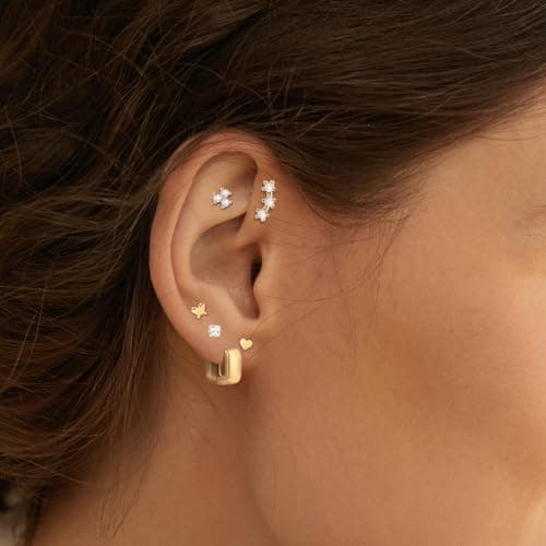 HILXURY 12 Pairs 14K Gold Plated Flat Back Hypoallergenic Earrings for Women Men Surgical Stainless Steel Earrings for Sensitive Ears Small Gold Stud Hoop Cartilage Earring Stack Set for Multiple Piercing Jewelry (Gold 01) - Thumbnail 3