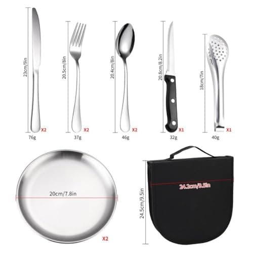 Aaspad Full Size Stainless Steel Dish & Utensil Set Portable Picnic Mess Kit RV Camping Flatware Plate & Silverware Cutlery Dinnerware Packed 2 Fork,Spoon,Serrated Knife,Food Clip Outdoor Gift for Men - Thumbnail 5