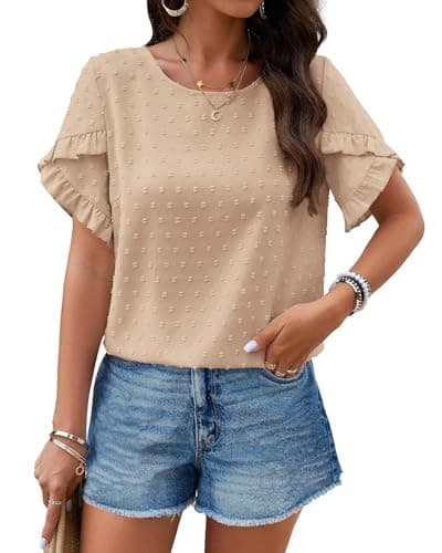PRETTYGARDEN Women's Tops 2026 Summer Ruffle Short Sleeve Crewneck Blouses Swiss Dots Solid Loose Tunics Work Shirts(Khaki,XX-Large) - Image 1