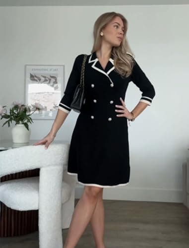 GOELIA Mini Sweater Dress for Women, Button up 3/4 Sleeve Knit Dresses for Teacher Work Business Black - Thumbnail 5