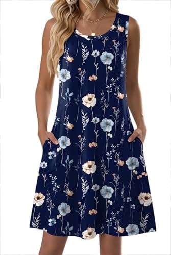 Zeagoo Sleeveless Aline Dresses for Women Casual Mini Tank Dress Cotton Summer Beach Floral Sundress with Pockets - Thumbnail 2