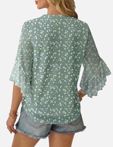 GKBK Womens 3/4 Sleeve Tops Dressy Casual Business Work Blouses Office Shirts Lightweight Slimming Formal Pretty Polyester 2025 Spring Summer Cocktail Party Green XXL - Thumbnail 3