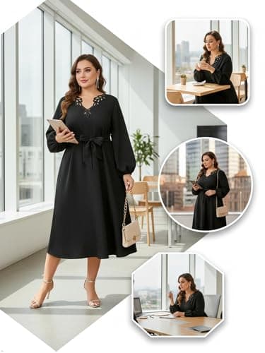 EYWOL Women Plus Size Elegant Cocktail Dress Cutwork V-Neck Midi A-Line Dress with Belt,Formal Wedding Guest Party Prom Dress Black - Thumbnail 5