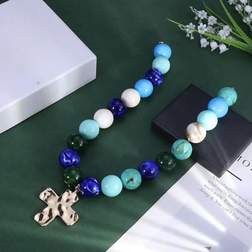 ANGLEQUEEN Chunky Beaded Necklace for Women, Gold Cross Large Colorful Resin Boho Statement Necklace, Summer Beach Daily Dress Jewelry (Cross-B) - Thumbnail 5