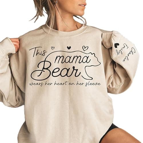ROSLILY Custom Mama Shirts for Women Personalized Mom Sweatshirt Hoodie This Mama Bear Wears Her Heart On Her Sleeve Mothers Day Gifts for New Mom Grandma, S - Image 1