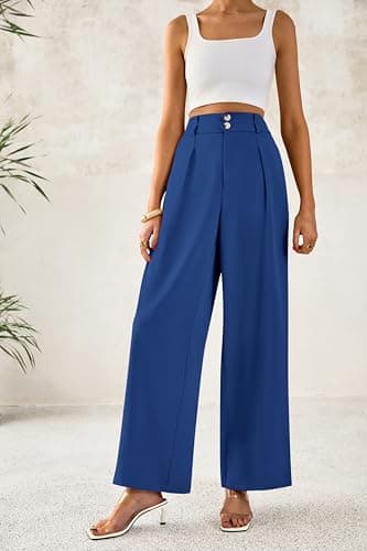 BTFBM Women Wide Leg Dress Pants 2026 High Waisted Button Pleated Business Casual Trousers Office Work Palazzo Pants(Dark Blue, XX-Large) - Thumbnail 6