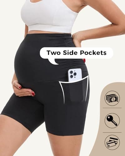 Fayefay Maternity Biker Shorts with Pockets - 6" Pregnancy Short Over The Belly for Women Yoga Workout Lounge Black X-Large - Thumbnail 5
