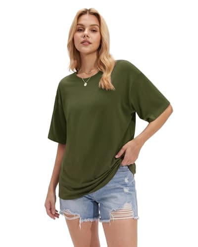 Stelle T Shirts for Women Crew Neck Short Sleeve Summer Tops Loose Fit Soft Basic Tee Shirt Olive Green Medium - Thumbnail 5