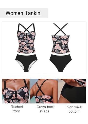 ZAFUL Tankini Swimsuit Tummy Control Bathing Suits 2 Piece Swimwear with High Waisted Bottom Ruched Vintage Floral Print Tankini Tops 2026 Suitable for Beach Weekends (Black Floral M) - Thumbnail 5