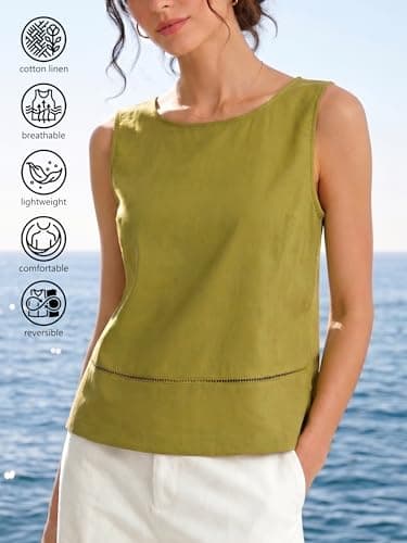 AceNest High Neck Tank Tops Linen Vest Plus Size Linen Crop Tops Boho Vacation Outfits Green XL - Thumbnail 6