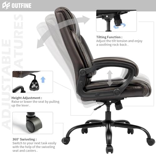 OUTFINE Office Chair Executive Office Chair Desk Chair Computer Chair with 5-Year hydrolysis-Resistant Leather Spring Cushion Ergonomic Support Tilting Function Upholstered in Bonded Leather (Brown) - Thumbnail 6