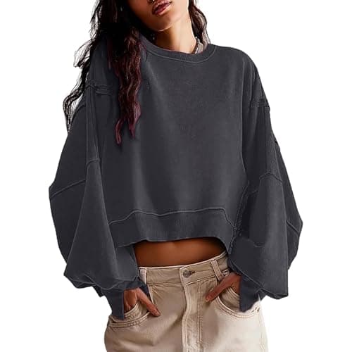 Womens Crewneck Sweatshirts Cropped Long Sleeve Side Slit Loose Fit Teen Girls 2025 Fall Crop Pullover Tops Dark Gray XL - Image 1