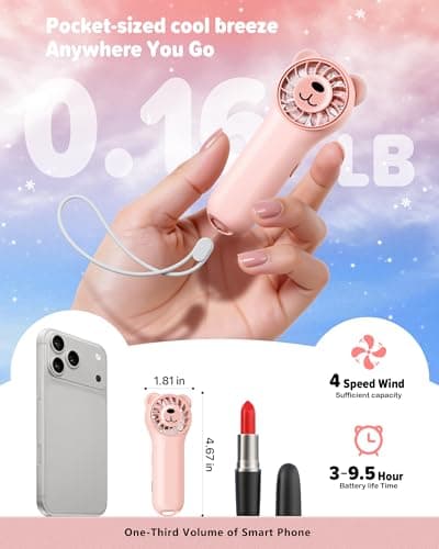 Funaudio Mini Handheld Fan with Bear Ears, Small Portable Fan, Lightweight Personal Fan, 4 Speeds, USB-C Rechargeable Pocket Fan with 9.5H Runtime for Travel, Makeup, Gifts for Women Girls - Thumbnail 5