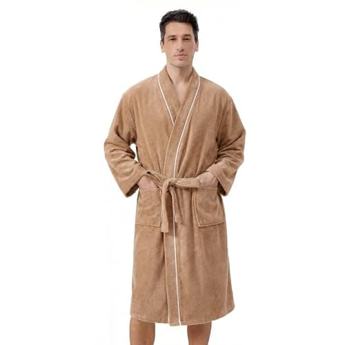 Inner Wish Men's Terry Cloth Bathrobe - Soft Absorbent Quick-Dry Spa Robe with Pockets, Lightweight Robe for Lounge & Shower，Khaki，L/XL - Image 1