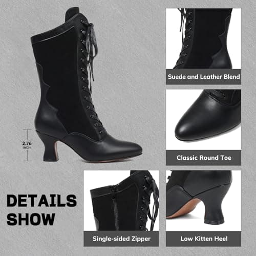 Erocalli Women's Vintage Victorian Boots Winter Mid Calf Lace up Witch Boot - Black, Pointed Toe, Kitten Heel, Halloween, Medieval Costumes, Combat Boots - Thumbnail 6