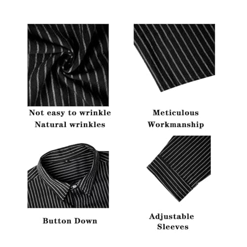 BAYAMO Men's Button-Down Striped Shirts Casual Long Sleeve Cotton Linen Collared Shirts Fashion Business Dress Shirt Black L - Thumbnail 5