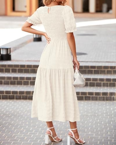 dowerme Womens Summer Dresses 2025 Casual Puff Short Sleeve Crewneck Smocked Flowy Ruffle Boho Beach Party Maxi Sundress(Beige,Large) - Thumbnail 5