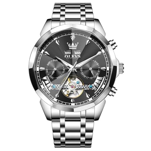 OLEVS Watches for Men Luxury Automatic Self Winding Mechanica Stainless Steel Dress Wrist Mens Watches Black Face Tourbillon Waterproof Luminous Analog Casual Watch - Image 1