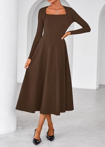 Lazysmile Long Sleeve Fall Dresses for Women Square Neck A Line Flowy Casual Elegant Wedding Guest Party Maxi Dress Brown - Thumbnail 6