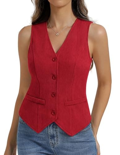 Belle Poque Womens Vest Top Trendy Knitted Waistcoat Sleeveless Button Down Tops Suit Vest Tops (Red,S) - Image 1