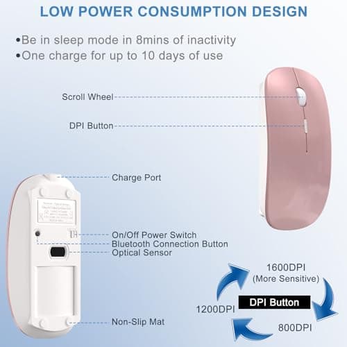 Bluetooth Wireless Mouse for MacBook Air Mac Pro Laptop Computer iPad Pad PC Laser Optical Rechargeable Mini Slim Silent Mouse Widely Used Desktop Hp iMac (Rose Gold) - Thumbnail 6