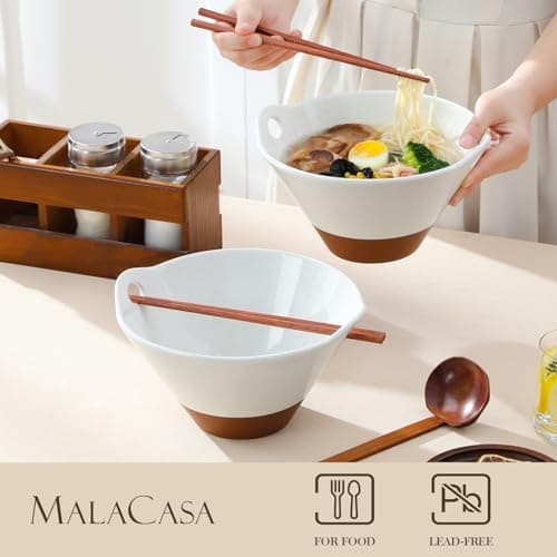 MALACASA 42 oz Ceramic Ramen Bowl Set with Wooden Spoon & Chopsticks, Japanese Style Soup Bowls for Ramen, Pho, Noodles – Set of 2, Microwave & Oven Safe – TARA Series (White and Khaki) - Thumbnail 6