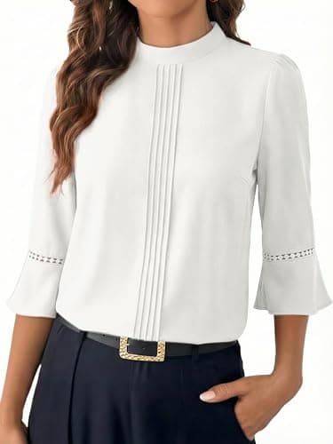 Funlingo Womens 3/4 Sleeve Tops and Blouses Business Casual Tunic Dressy Work White Shirts Spring Mock Neck Front Pleated Clothes 2026 XL - Image 1