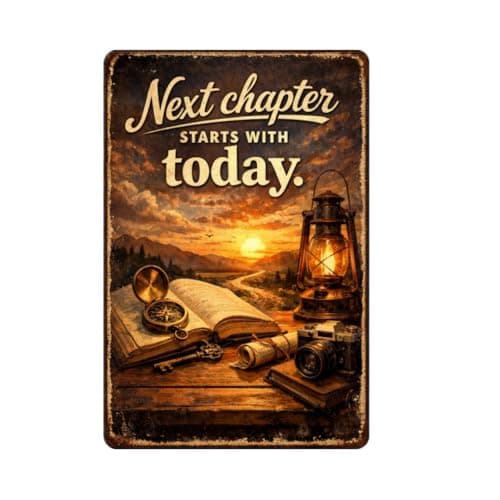 Vintage Tin Sign - Next Chapter Starts with Today – Inspirational Metal Art Poster for Home, Office, Gym, Workshop – Motivational Quote for New Beginnings & Personal Growth – 8x12 Inch