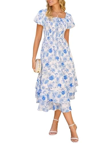 GRACE KARIN Womens Summer Floral Maxi Dress 2026 Flowy Wedding Guest Dress A Line Boho Dresses Fashion Clothing with Pockets White Blue Floral 2XL - Image 1