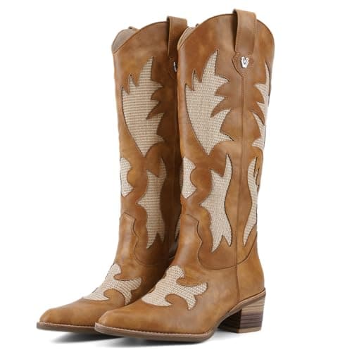 QIV Brown Cowboy Boots for Women Western Mid Calf Pointed Toe Chunky Heel Cowgirl Boots with Embroidered Size 10 - Thumbnail 5