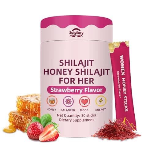 Shilajit Honey Sticks for Women, 75%+ Fulvic Acid, 85+ Trace Minerals, Hormone Balance, Energy, Focus, Mood Booster, Himalayan Shilajit, Shatavari, Saffron, Strawberry-Flavored, 30 Sticks - Image 1