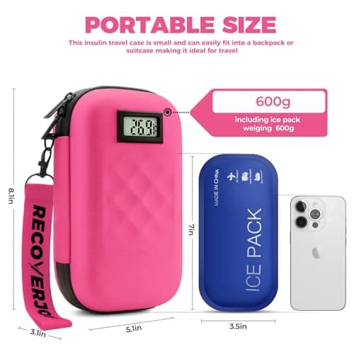 RecoverJoy TSA Approved Insulin Cooler Travel Case Diabetic Medication Bag With Thermometer Temperature Display Medication Diabetic Cooler Travel Medicine Organizer Bag for women & 2 Ice Pack-Rose red - Thumbnail 2