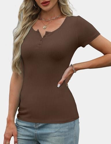 GKBK Womens Short Sleeve Tops Ribbed Scoop Neck Fitted Casual Henley T Shirts Basic Tee Tshirts 2025 Spring Summer Trendy Tops Coffee L - Thumbnail 3