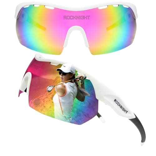 ROCKNIGHT Cycling Glasses Sports HD Polarized Sunglasses UV Protection Outdoor Pink Mirror Sunglasses for Women White Frame - Image 1