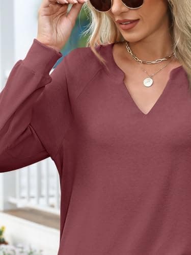 GKBK Womens Sweatshirts Long Sleeve V Neck Tops Fall Winter Basic Casual Lightweight Pullover Shirt Wine - Thumbnail 6