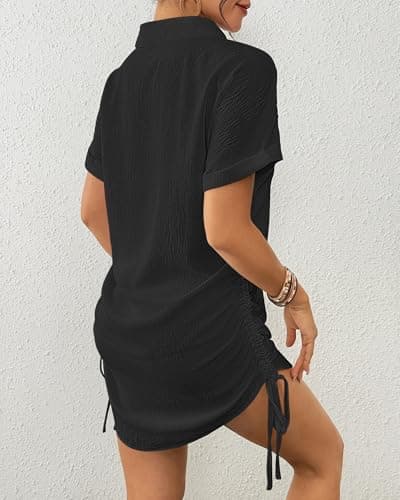 Bsubseach Womens Swimsuit Cover Up Shirt Short Sleeve Bathing Suit Coverups V Neck Bikini Coverup Drawstring Beach Dress Black M - Thumbnail 3
