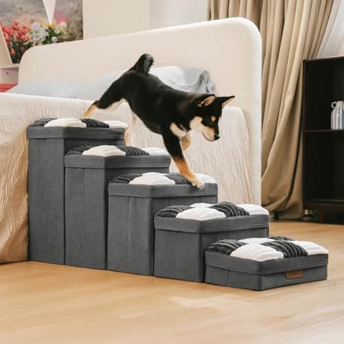 Dog Stairs with Storage, 5-Step Chessboard Plaid Handcrafted Dog Steps for Small Medium Dogs Cats, Folding Sturdy Pet Stairs Climbing Bed or Sofa, Grey - Thumbnail 4