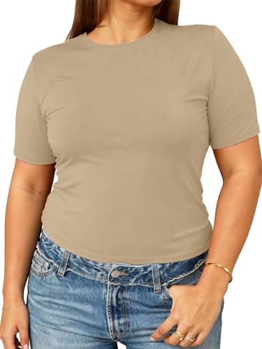 Chulianyouhuo Womens Plus Size Basic Summer Going Out Crop Tops Slim Fitted Short Sleeve Crew Neck Brown T Shirts 2026